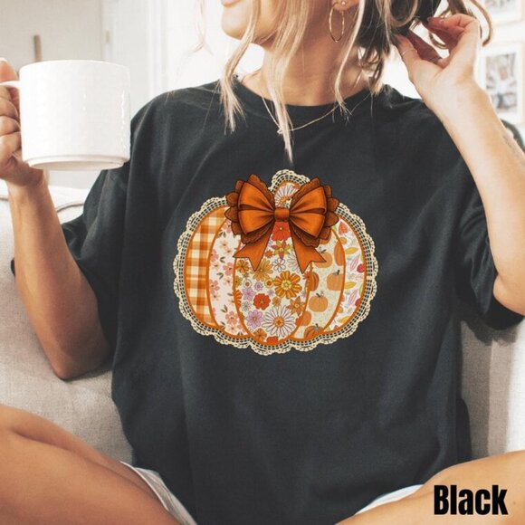 Floral Pumpkin Shirt, Fall Shirt, Retro Graphic Autumn Pumpkin Tshirt - Picture 1 of 4